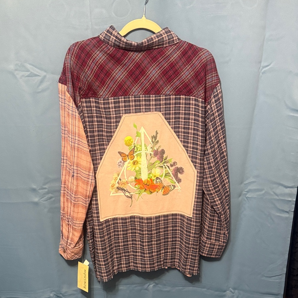 Repurposed Plaid Patchwork Flannel Shirt with Floral Butterfly Design. W-LG